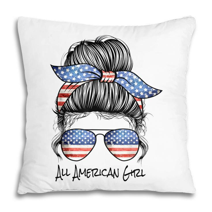 All American Girl Messy Bun American Flag 4Th Of July  Pillow