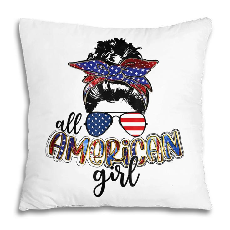 All American Girl Messy Bun Usa Flag Patriotic 4Th Of July  Pillow
