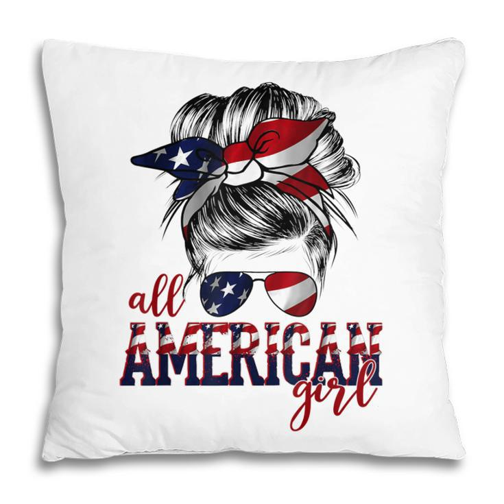 All American Girl Messy Hair Bun Woman Patriotic 4Th Of July  Pillow