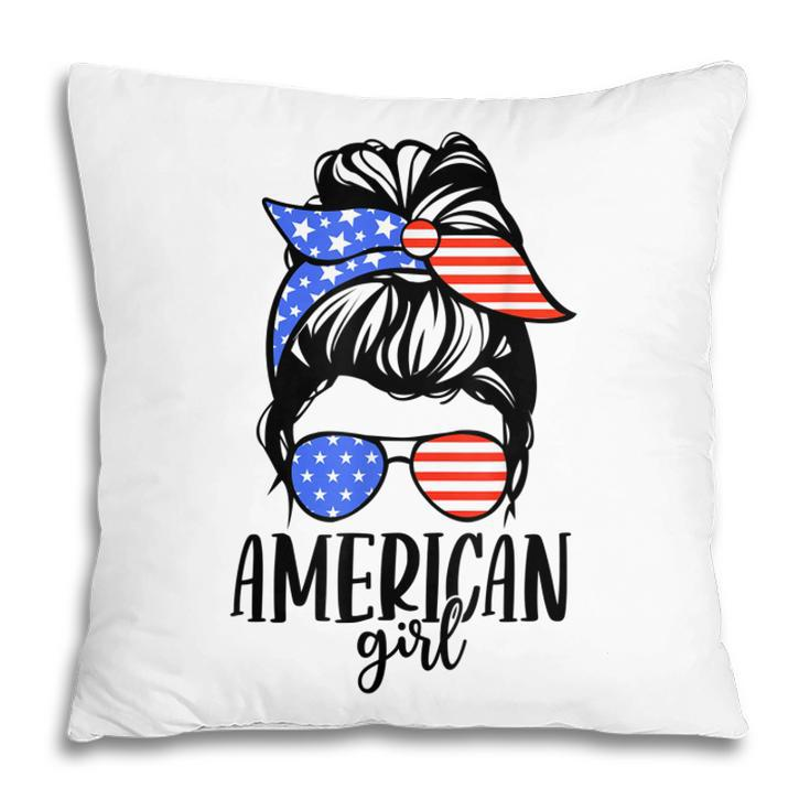 American Girl Messy Hair Bun Usa Flag Patriotic 4Th Of July  Pillow