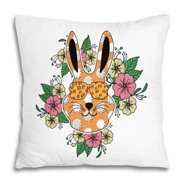 Bunny Cat Wearing Leopard Sunglasses Floral Easter Day Pillow