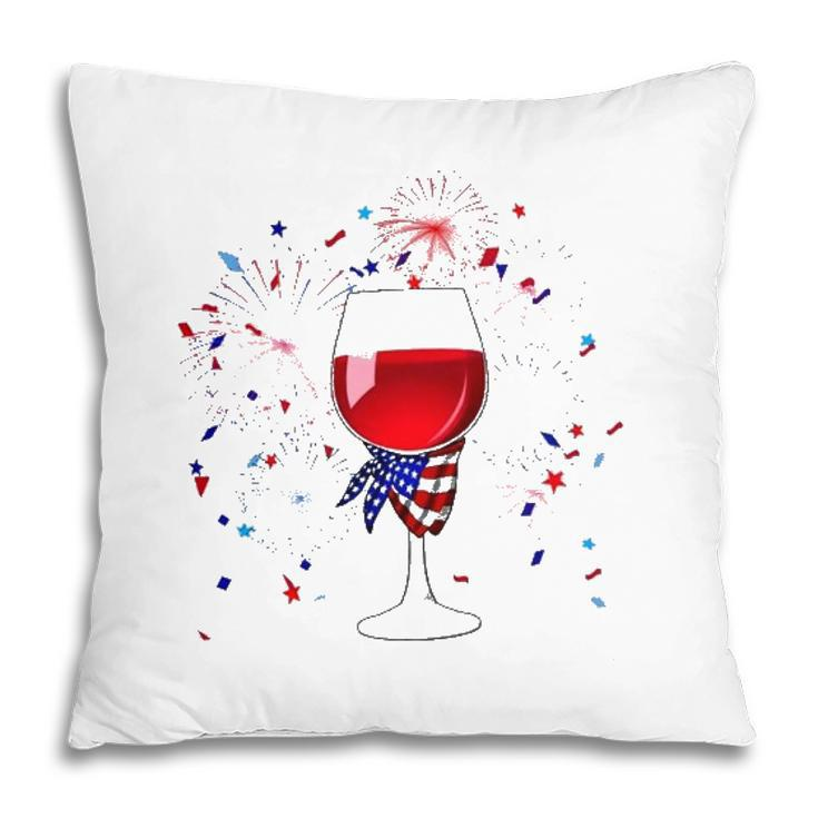 Happy 4Th Of July Us Flag Wine Glass And Fireworks Celebration Pillow