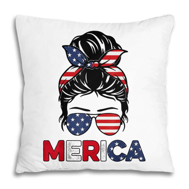 Merica Mom Girl American Flag Messy Bun Hair 4Th Of July Usa  V2 Pillow