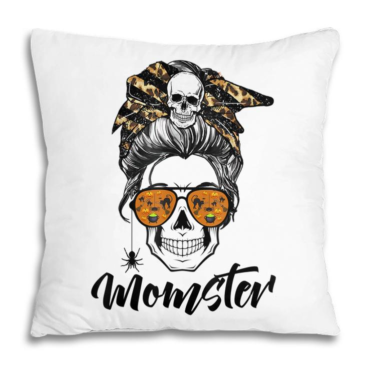 Messy Bun Monster Pun Momster Halloween Costume Skull Mom  Pillow