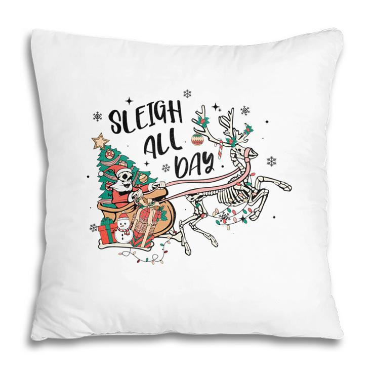 Retro Christmas Skeleton Funny Sleigh All Day Pillow