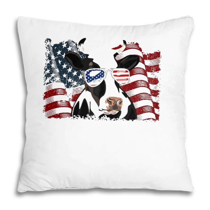 Retro Dairy Cow American Flag 4Th Of July Animals Lover Pillow
