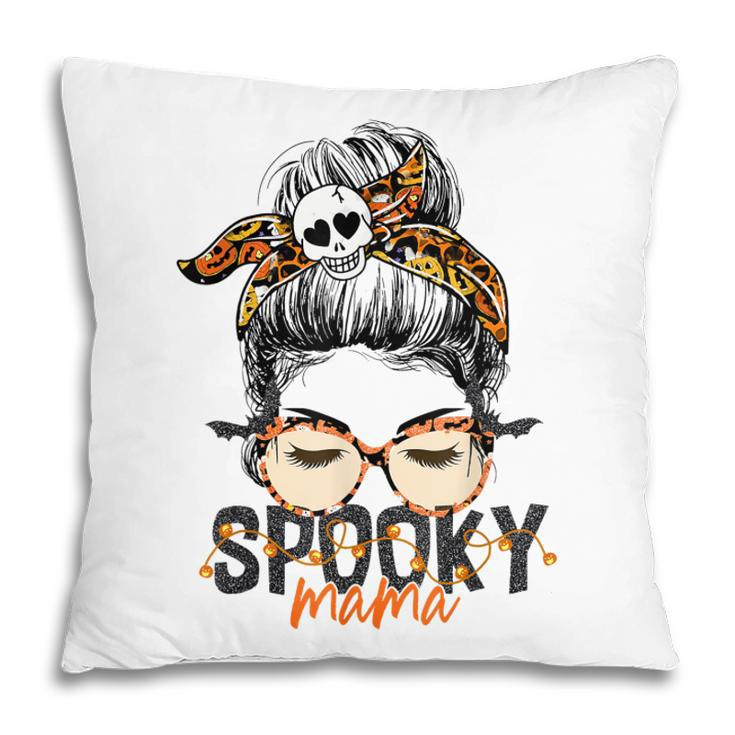 Spooky Mama Halloween Costume Skull Mom Leopard Messy Bun  Pillow