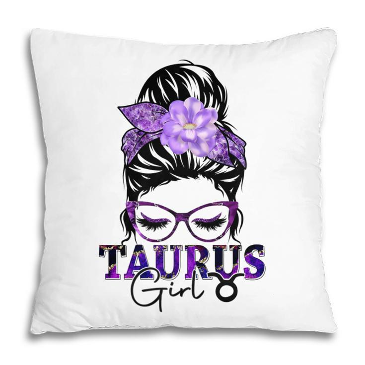 Taurus Girl Birthday Messy Bun Hair Purple Floral   Pillow