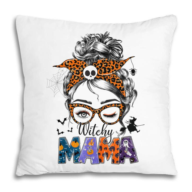 Witchy Mama Halloween Messy Bun Skull Witch Mom Women Spooky  Pillow
