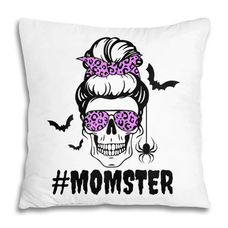Womens Momster  Funny Halloween Costume Skull Mom Messy Bun  Pillow