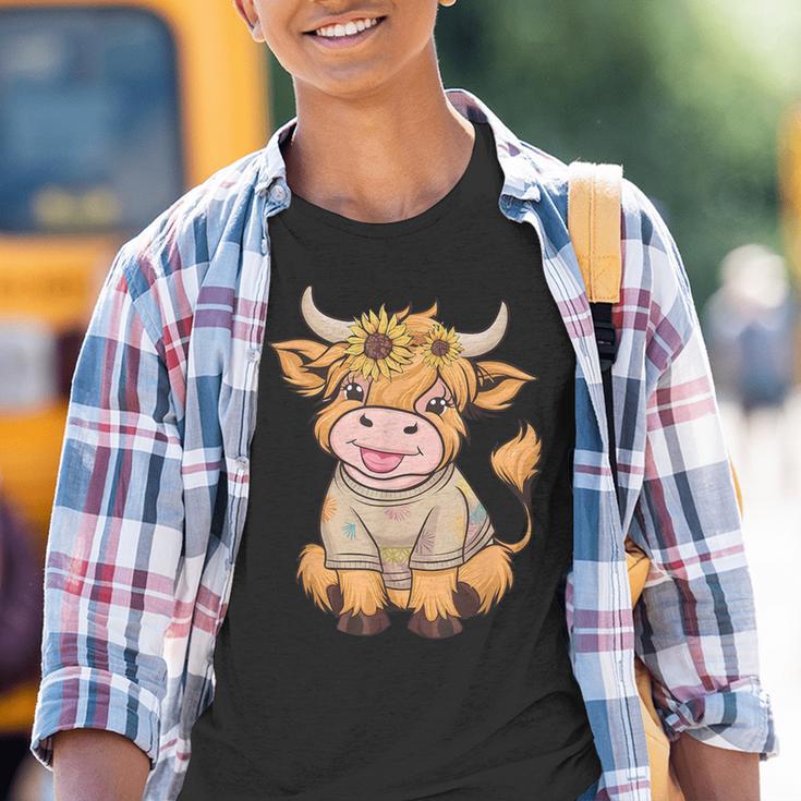 Niedliches Baby Highland Cow Mit Sonnenblumen Grafik Rinder Kinder Tshirt