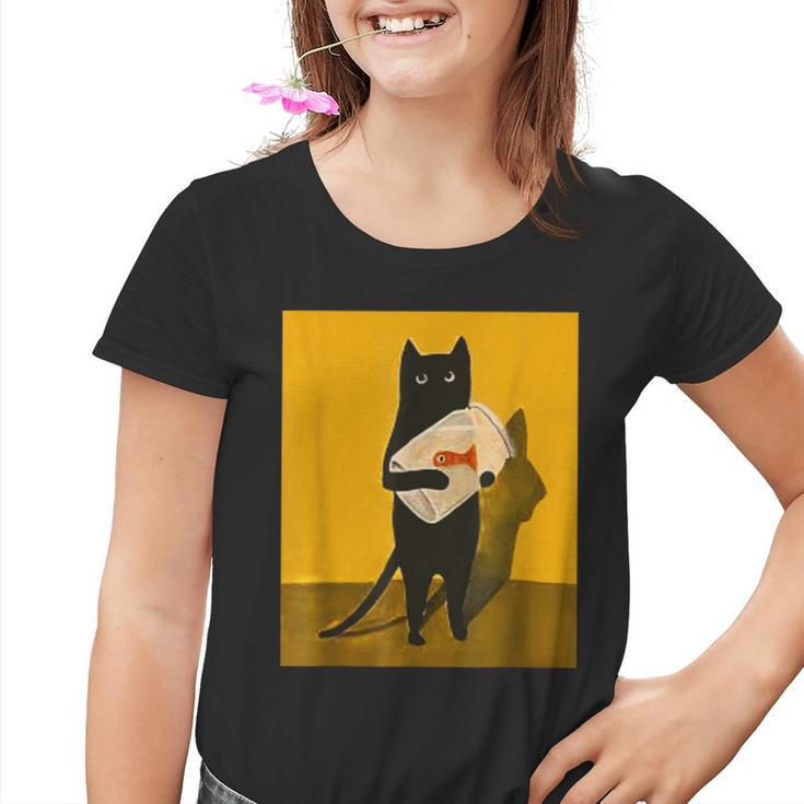 Katze Hält Goldfischglas-Kunstdesign Kinder Tshirt