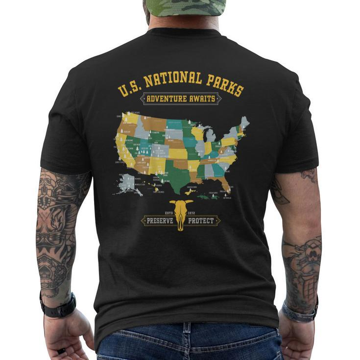 All 63 Us National Parks Map Outdoor Adventure On Back Men's T-shirt Back Print