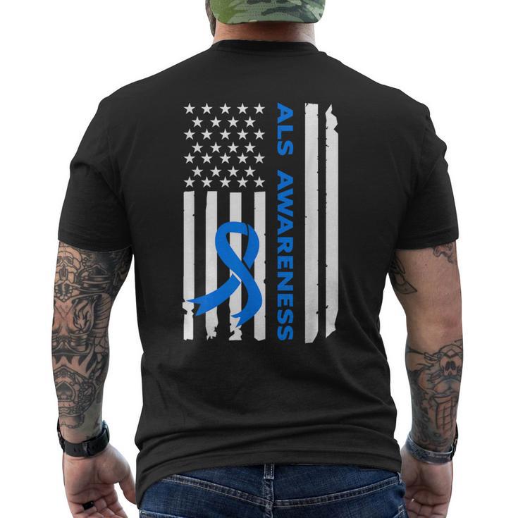 Als Awareness Blue Ribbon American Flag Men's T-shirt Back Print