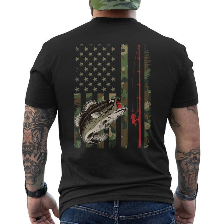 American Flag Fishing Rod Grunge Camouflage Largemouth Bass Men's T-shirt Back Print