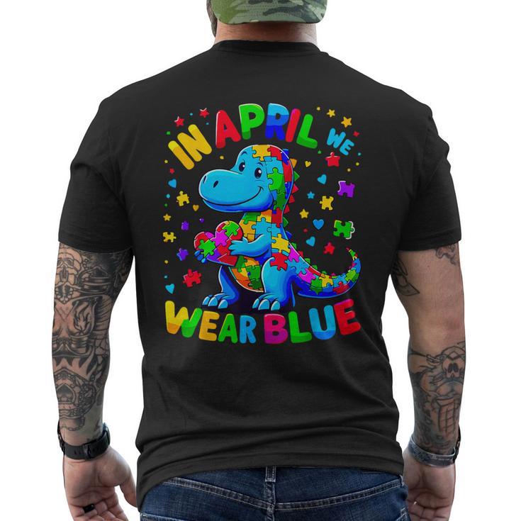 Autism Awareness In April We Wear Blue T-Rex Dinosaur Men's T-shirt Back Print