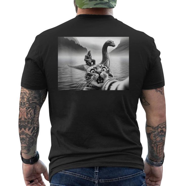 Bigfoot Riding Loch Ness Monster Surprised Scared Cat Selfie Men's T-shirt Back Print