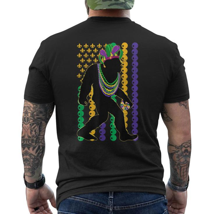 Bigfoot Wearing Hat Mardi Gras Beads With Flag Mardi Gras Men's T-shirt Back Print