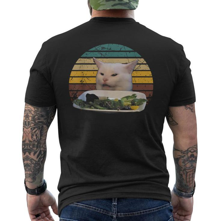 Cat At Dinner Table Animals Outfits Lovely Cat Meme Men's T-shirt Back Print
