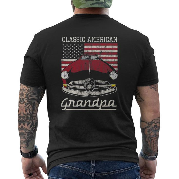 Classic American Grandpa American Flag Antique Car Mens Back Print T-shirt
