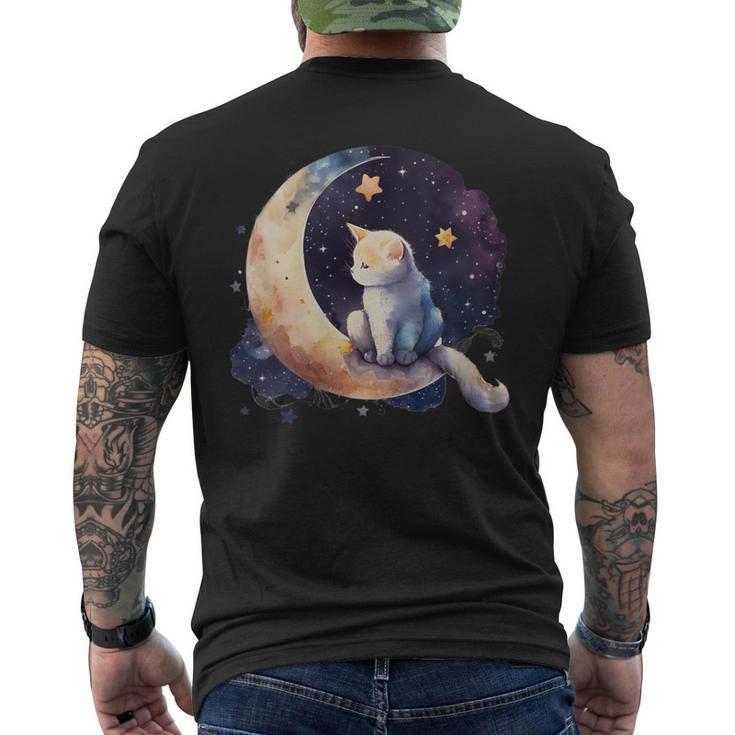 Cute Cat Crescent Moon Phases Purple Star Night Kawaii Cat Men's T-shirt Back Print