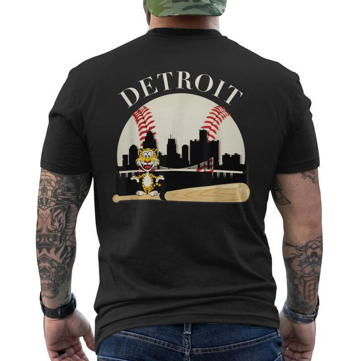 Detroit Baseball Tiger Mascot And Skyline Men's T-shirt Back Print