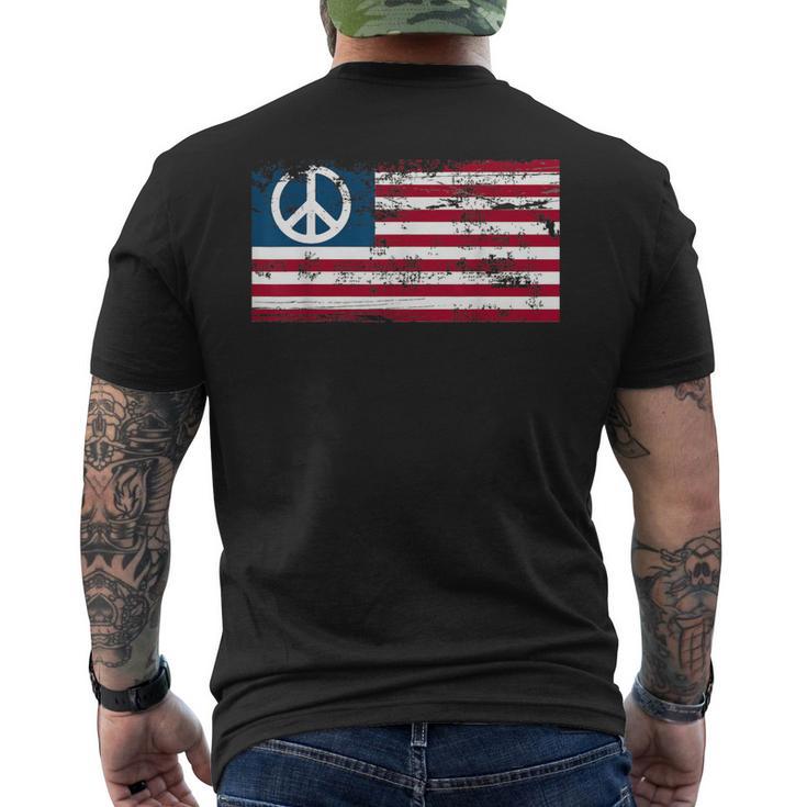 Distressed American Usa Flag With Peace Sign Men's T-shirt Back Print