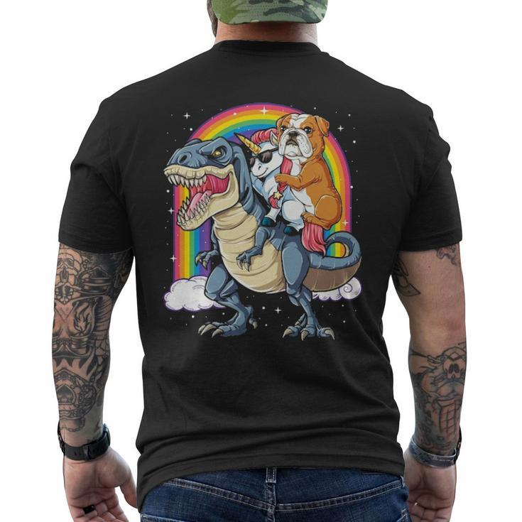 English Bulldog Unicorn Riding Dinosaur T Rex Men's T-shirt Back Print