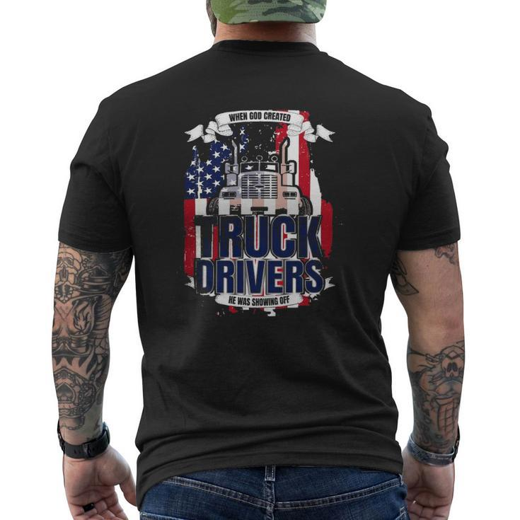 God Created Truck Drivers American Flag Mens Back Print T-shirt