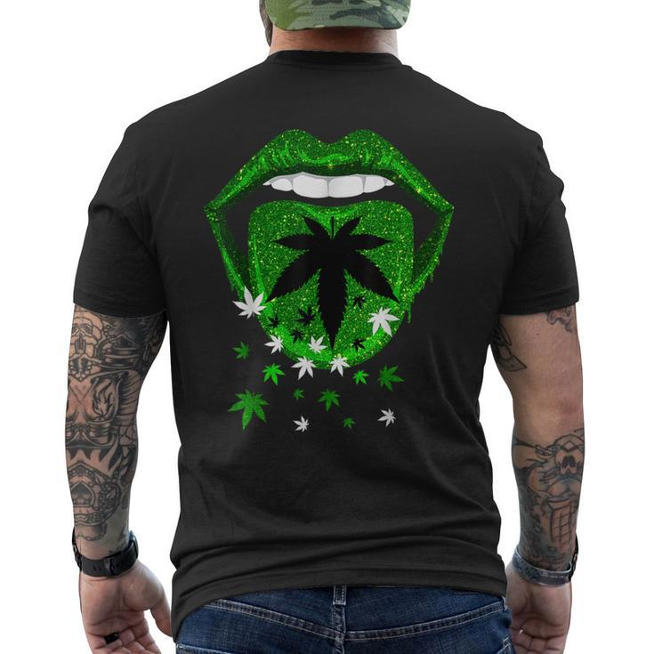 Green Sexy Lips Biting Cool Cannabis Marijuana Weed Pot Leaf Men's T-shirt Back Print