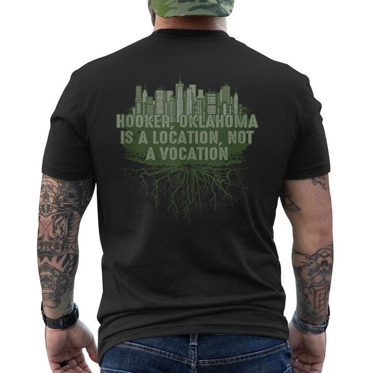 Hooker Oklahoma Location Not Vocation Pun Ok Joke Oklahomans Men's T-shirt Back Print