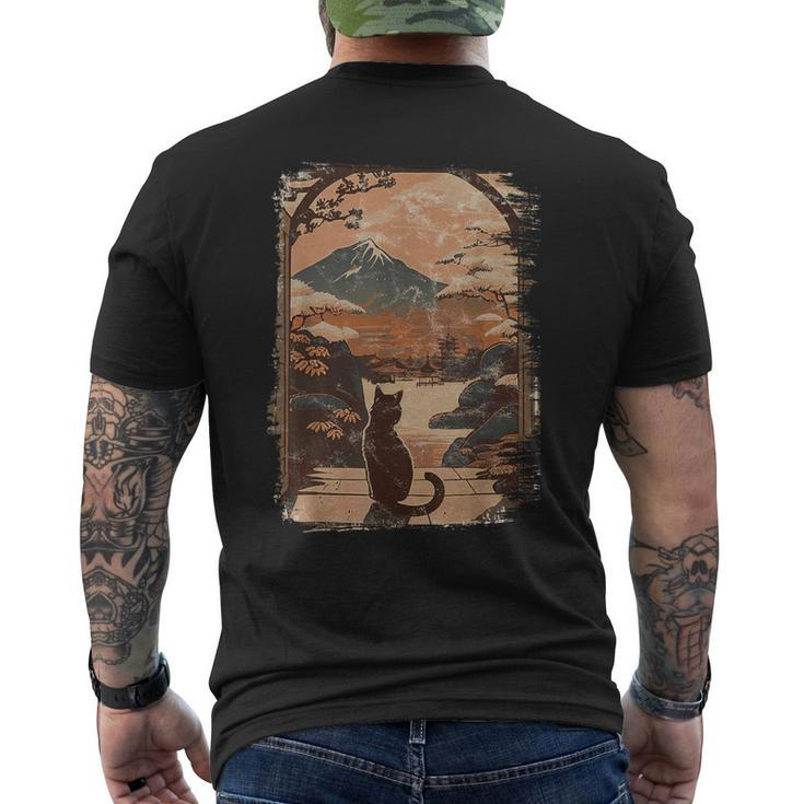 Japanese Cat With Landscape And Mountain Men's T-shirt Back Print