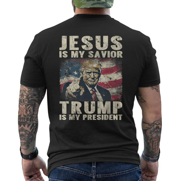 Jesus Is My Savior Trump Is My President 2024 American Flag Men's T-shirt Back Print