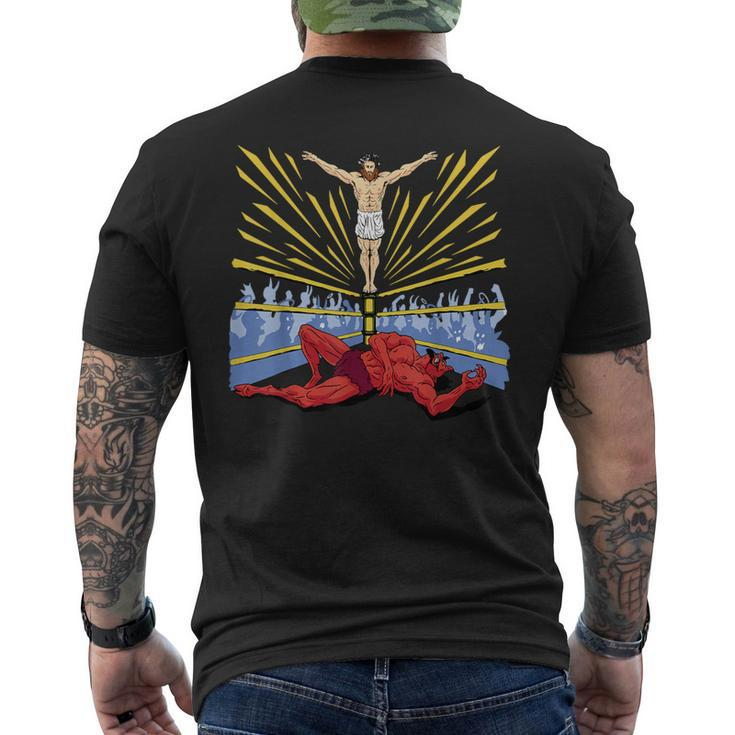 Jesus Wrestling Satan Men's T-shirt Back Print