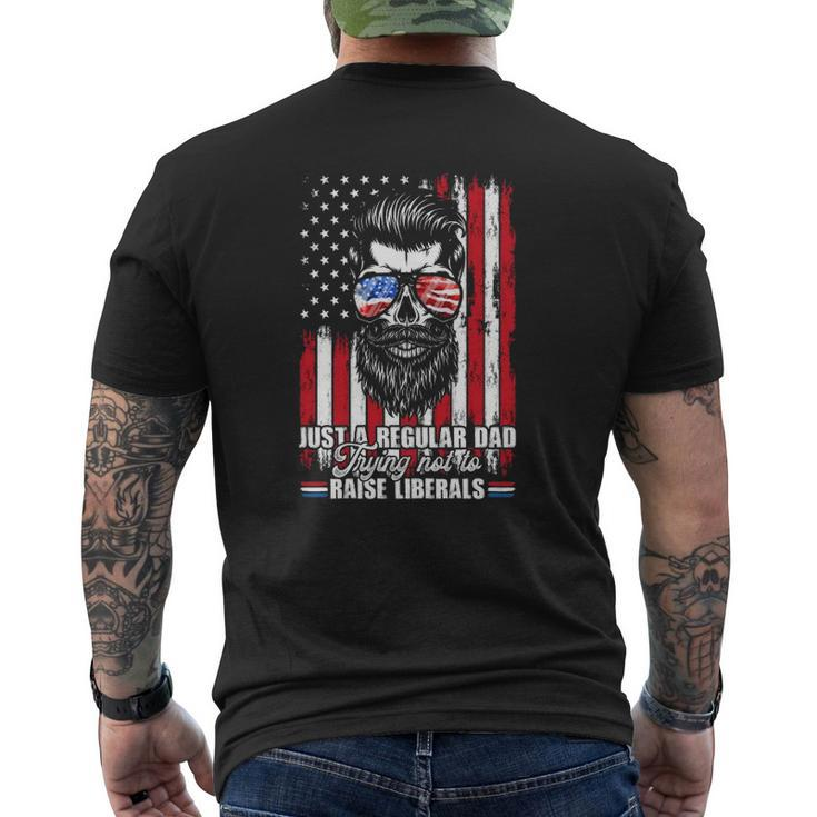 Just A Regular Dad Trying Not To Raise Liberals Beard Dad American Flag Sunglasses Mens Back Print T-shirt