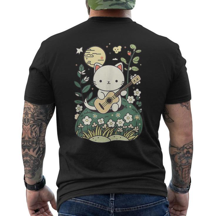 Kawaii Cat Playing Guitar Cute Flowers And Moon Cat Lover Men's T-shirt Back Print