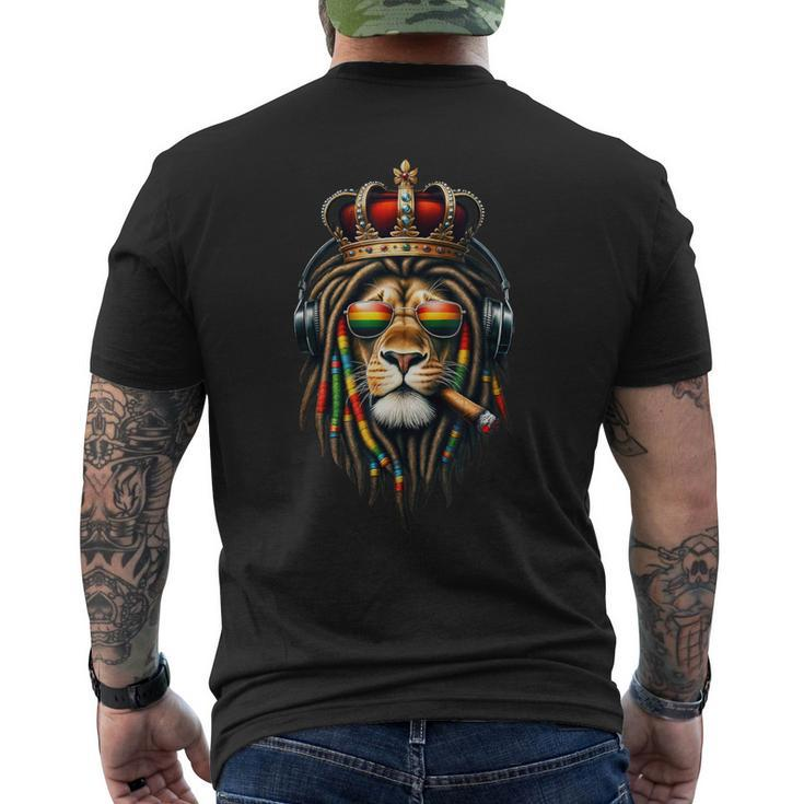 King Rasta Reggae Rastafarian Music Headphones Lion Of Judah Men's T-shirt Back Print