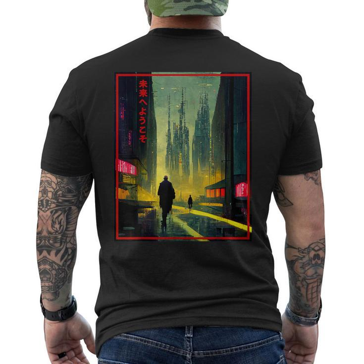 A Man Walks Cyberpunk City Japanese Text Futuristic Costume Men's T-shirt Back Print
