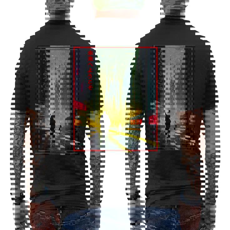 A Man Walks Cyberpunk City Japanese Text Futuristic Costume Men's T-shirt Back Print