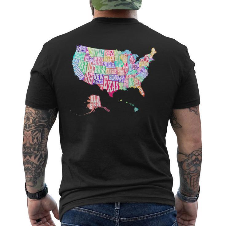 Map Of Usa With State Names Typographic Colorful Map Men's T-shirt Back Print