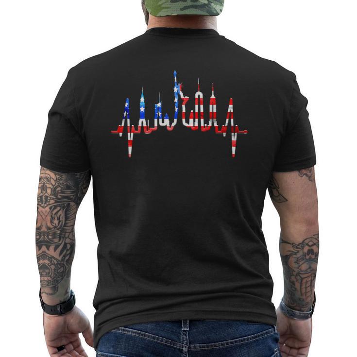 New York Skyline Heartbeat Flag Statue Of Liberty New York Men's T-shirt Back Print