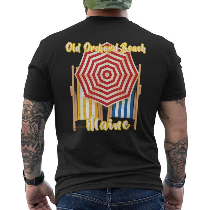 Old Orchard Beach Maine Nautical Umbrella Striped Chairs Men's T-shirt Back Print