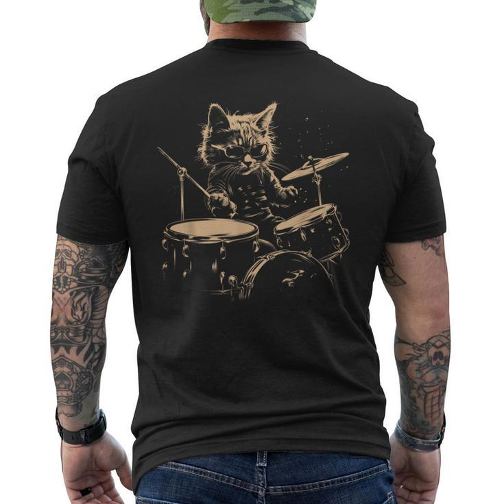 Pop Rock Drummer Cat Kitten Music Playing Drums Music Bands Men's T-shirt Back Print
