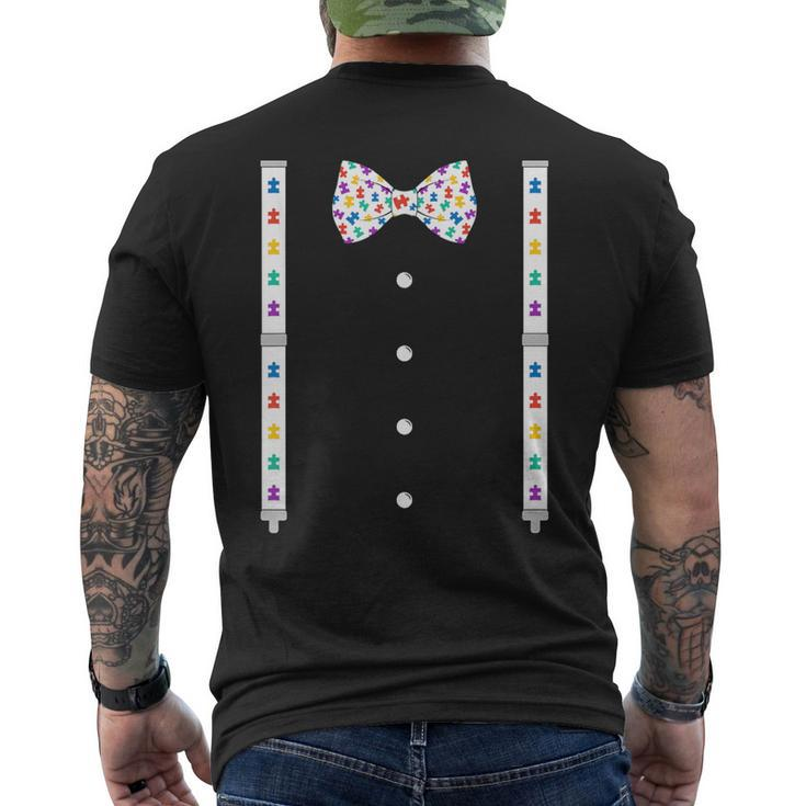 Puzzle Piece Bow Tie Suspenders Autism Awareness Boys Men's T-shirt Back Print