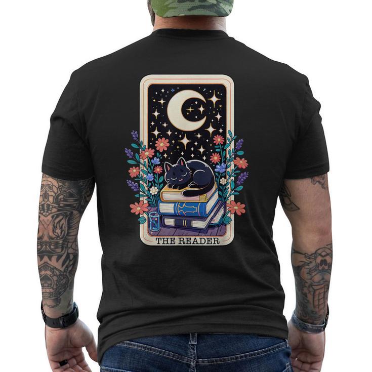 The Reader Tarot Card Cute Cat On Books Stack Book Lover Men's T-shirt Back Print