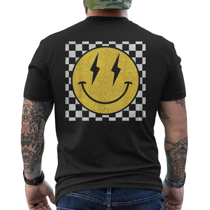 Retro Happy Face Distressed Checkered Pattern Smile Face Men's T-shirt Back Print