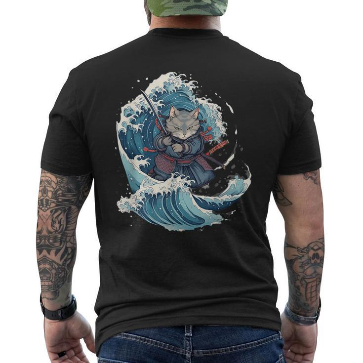 Retro Japanese Cat Samurai Tattoo Graphic Ninja Kawaii Men's T-shirt Back Print