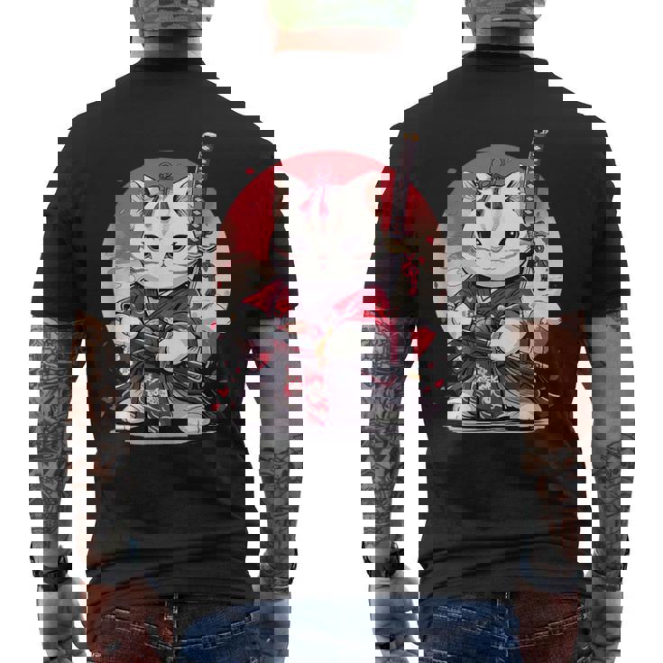 Retro Japonés Gato Samurai Tatuaje Gráfico Ninja Kawaii Camiseta Hombre Estampado Espalda