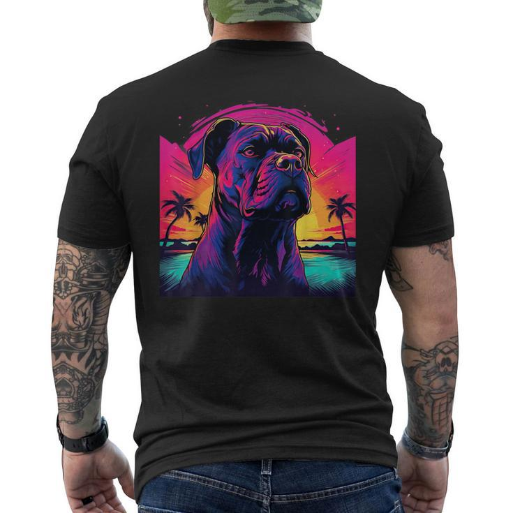 Retro Sunset Presa Canario Dog Black T-Shirt mit Rückendruck