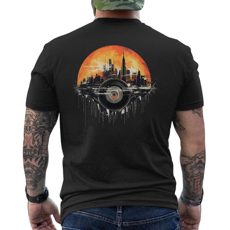 Retro Vinyl Cityscape Mashup In Beautiful Sunset Men's T-shirt Back Print